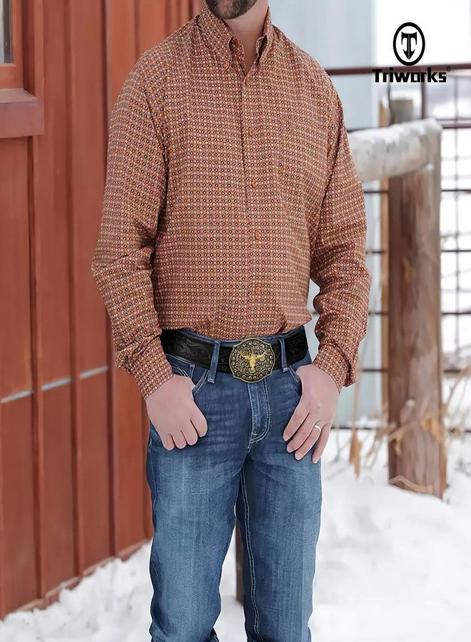 TRIWORKS Mens Western Cowboy Belt Cowgirl Embossed Leather Belt with Floral Engraved Buckle - Image 2